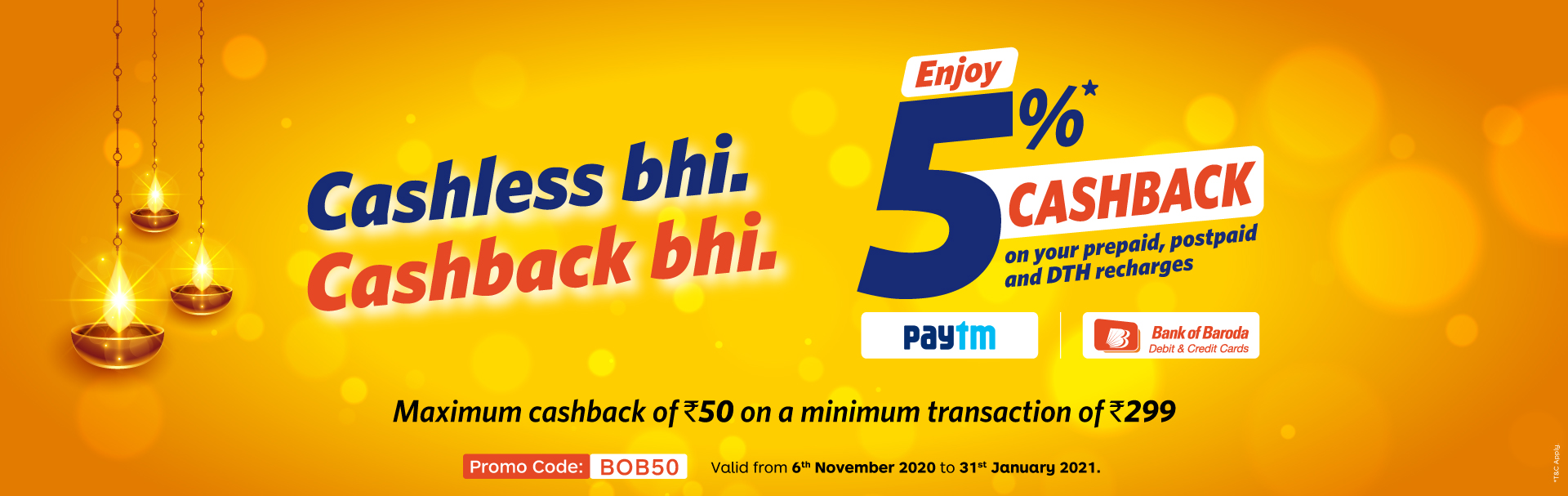 5% Up to Rs.50 Mobile Prepaid/Postpaid Bill/ DTH Recharge Using Bank of Baroda Credit Card/ Debit Card